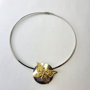 Gold Plated Butterfly Pendant Collar Necklace Rhodium and Gold Butterfly Pendant